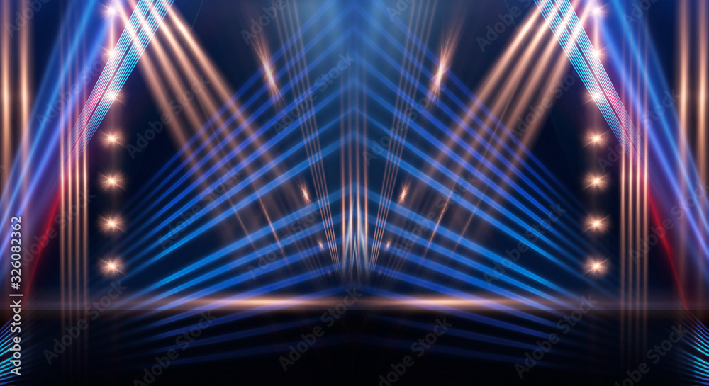 Fototapeta premium Tło sceny pusty pokaz. Pusty ciemny nowoczesny neon streszczenie tło. Blask neonów na pustej scenie, diody, promienie i linie. Światła miasta nocą.