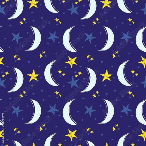 Seamless pattern with a Crescent moon and stars on a blue background. Vector illustration of the night sky. Perfect for children s design  packaging  wrapping paper  textiles.
