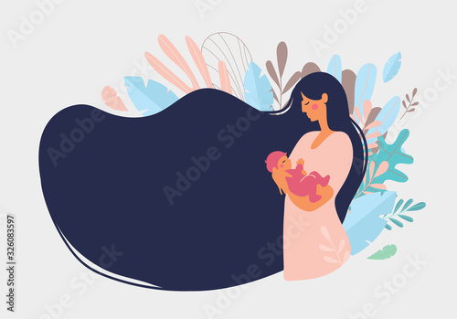 Cute mom with a newborn. The concept of motherhood, family. Flat design with copy space. Happy woman hugs toddler, long hair on a background of blue leaves. Vector illustration on a white background