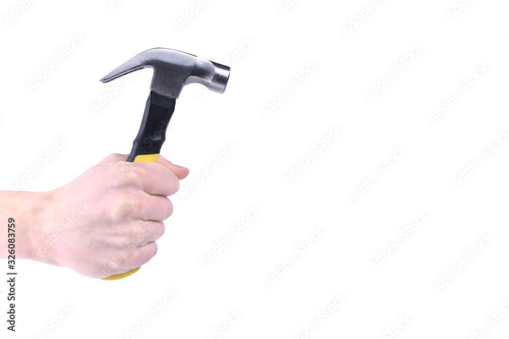 Hand holds hammer isolated on white background