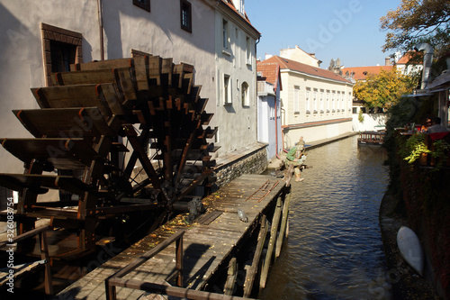 Prague (Czech Republic). Water mill and goblin on the Kafka Island of the city of Prague