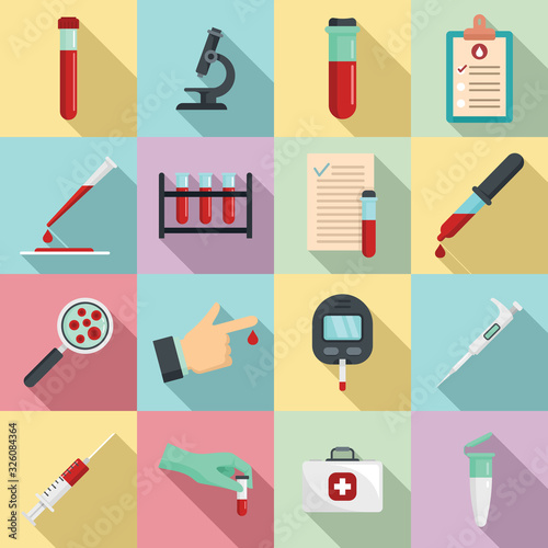 Blood test icons set. Flat set of blood test vector icons for web design