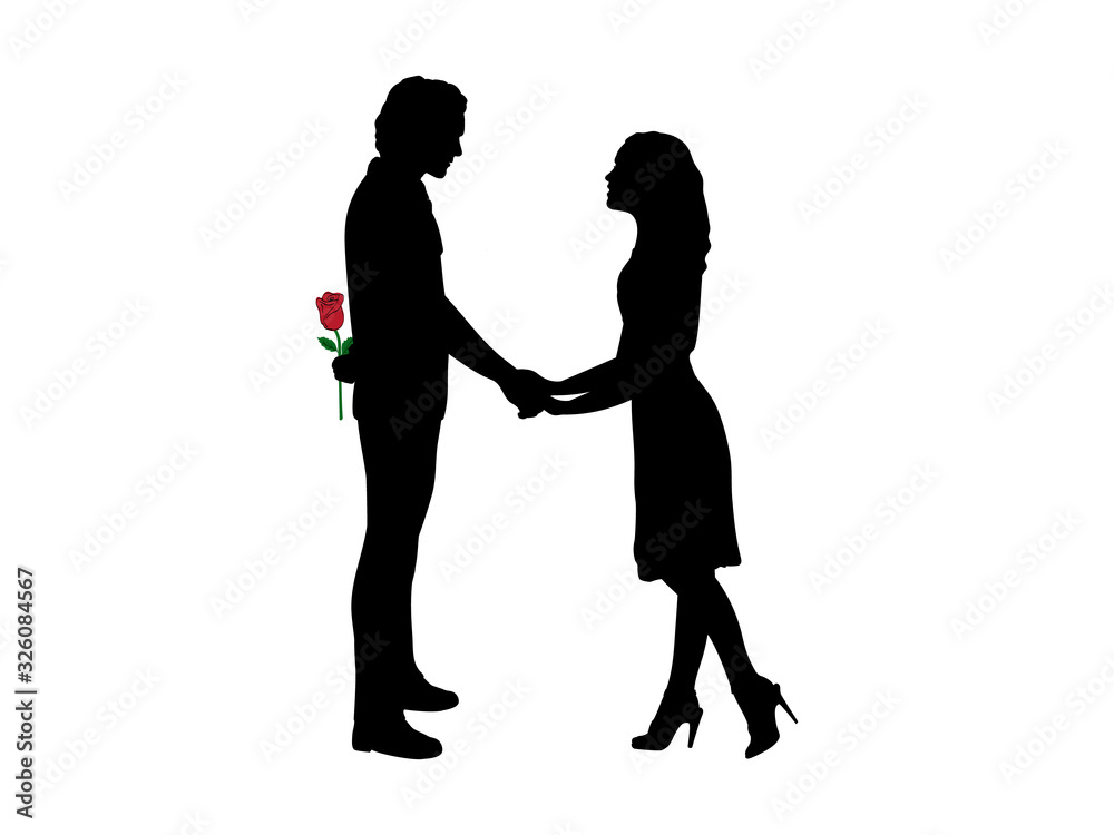 Silhouette of man in love wants to give rose to woman