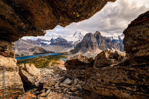 Frame of rocky with mount Assiniboine on Nublet peak at provincial park