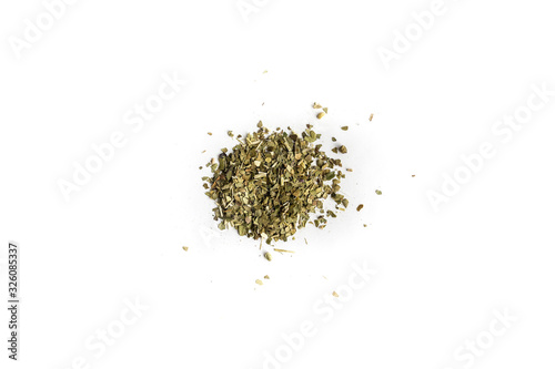 different sorts of black or green tea in bulk on a white background close-up isolated