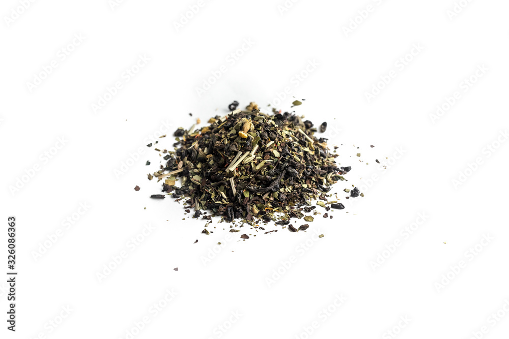 different sorts of black or green tea in bulk on a white background close-up isolated different sorts of black or green tea in bulk on a white background close-up isolated