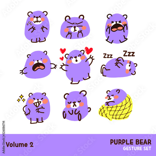 Cute Purple Bear Emoticon Gesture Doodle Illustration Character Mascot Asset Set Vol. 2. Best for Print, Party Decoration, App's Sticker, Web Use