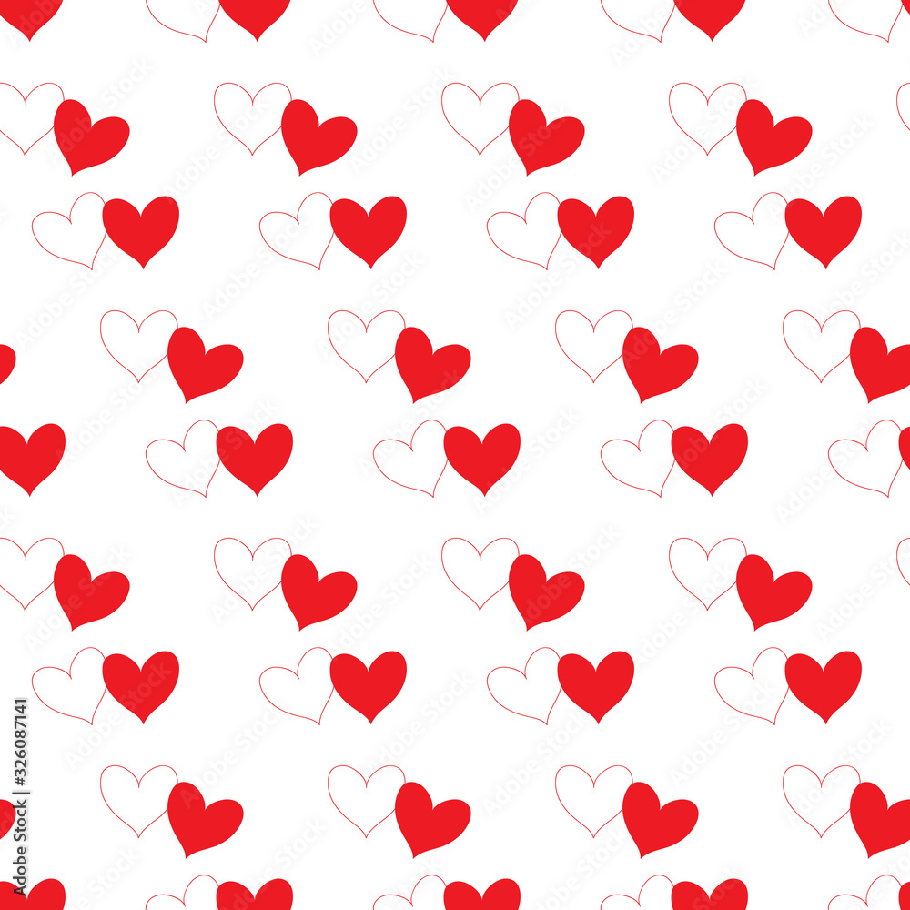 White heart with red outline contour and red fill heart partly overlapping and isolated in a white transparent seamless pattern background. Vector illustration.