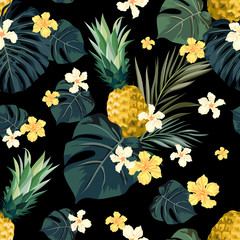 Keuken achterwand Ananas patronen Donkere jungle met hibiscus en ananas  © Ms.Moloko
