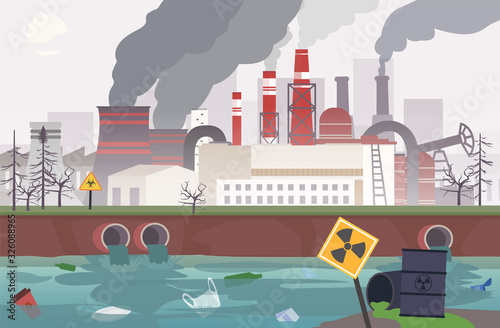 Vector of a working factory polluting air, water and soil