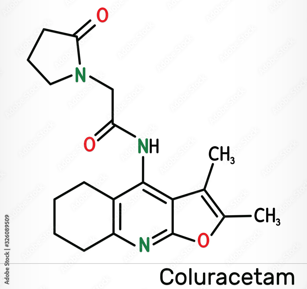 Coluracetam, BCI-540, C19H23N3O3 molecule. It is is a nootropic agent of the racetam family. Skeletal chemical formula Coluracetam, BCI-540, C19H23N3O3 molecule. It is is a nootropic agent of the racetam family. Skeletal chemical formula
