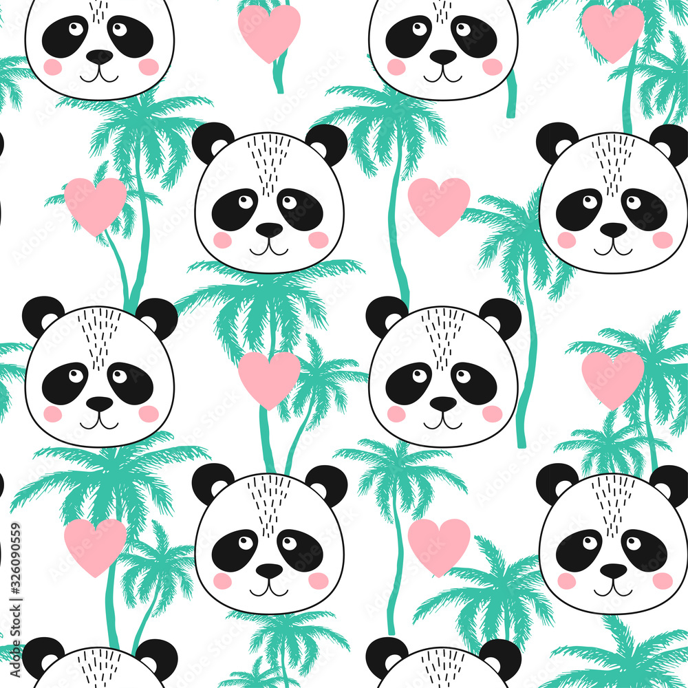 Seamless pattern with face panda and heart Seamless pattern with face panda and heart