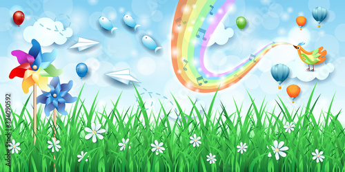 Fantastic landscape with pinwheels, bird, music and rainbow colors