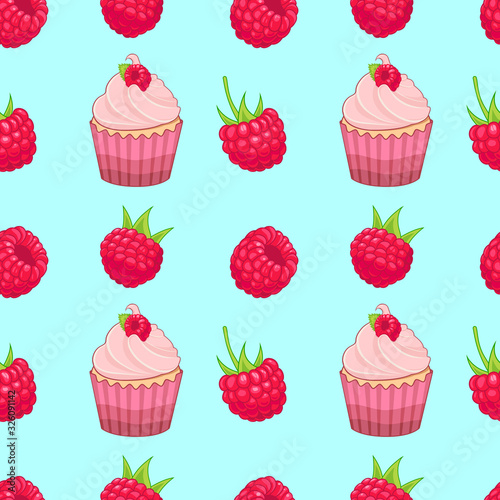 Vector raspberry cupcake and raspberry pattern