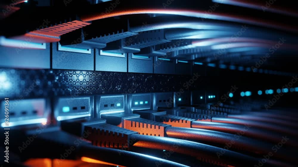 Close-up view of modern internet network switch with plugged ethernet cables. Blinking blue lights on internet server. 4k 3d endless loop. Close-up view of modern internet network switch with plugged ethernet cables. Blinking blue lights on internet server. 4k 3d endless loop.