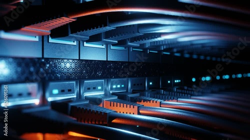 Close-up view of modern internet network switch with plugged ethernet cables. Blinking blue lights on internet server. 4k 3d endless loop.