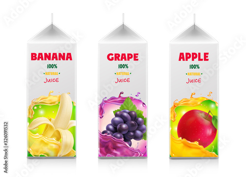 Juice package set. Carton juice realistic containers. Banana, Grape, Apple