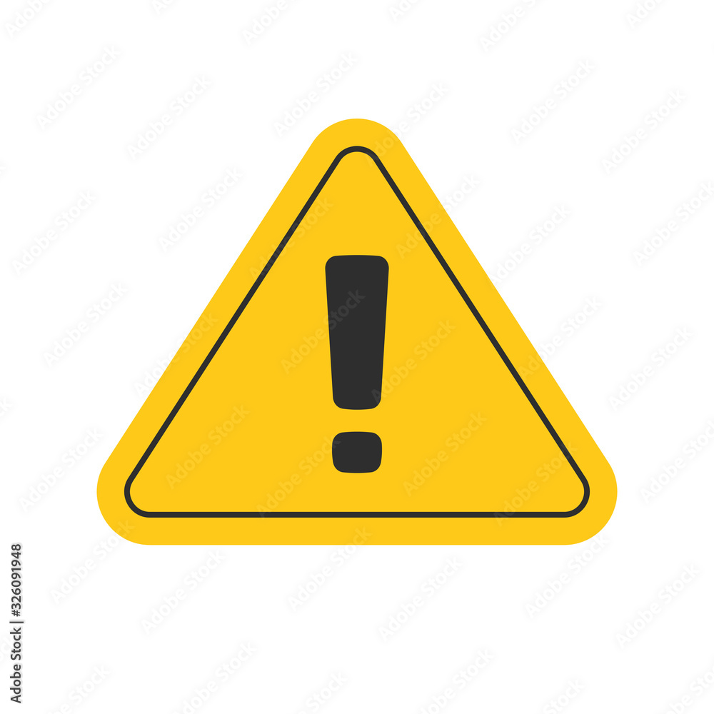 Risk attention road sign or alert caution yellow triangle icon with exclamation mark vector flat cartoon symbol, dangerous hazard or safety information sign clipart isolated on white image Risk attention road sign or alert caution yellow triangle icon with exclamation mark vector flat cartoon symbol, dangerous hazard or safety information sign clipart isolated on white image