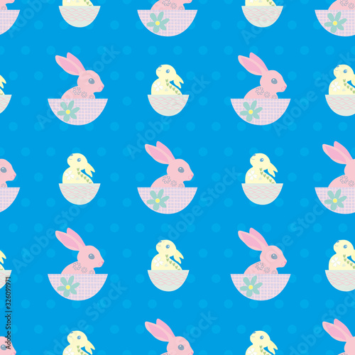 Easter bunny seamless vector pattern background. Cute decorated rabbit folk art illustration. Scandinavian style baby animals in baskets on polka dot backdrop. Christian spring celebration concept.