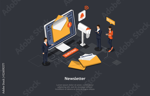 Isometric Newsletter Concept. People Are Reading News. Business Service to Provide Information Using Digital Sources or Paper Press. Social Broadcasting And Journalistic Reports. Vector Illustration