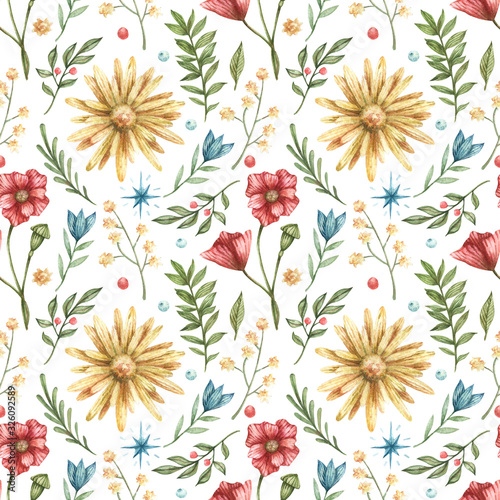 Watercolor botanical seamless pattern. Illustration of blue, red, flowers (bells, poppies, berries, green leaves, branches)