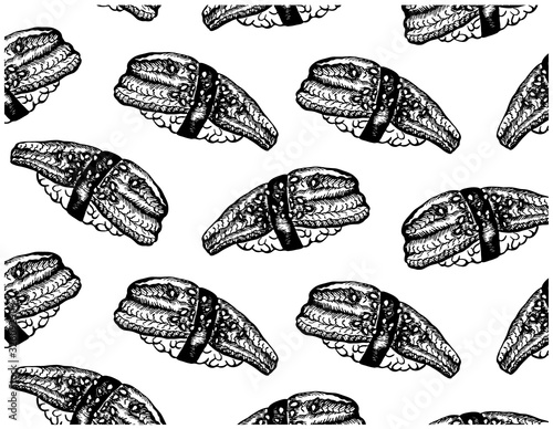 Sketch hand drawn pattern with black nigiri sushi, eel fish, rice, nori isolated on white background. Japanese food line art wallpaper in vintage style for packaging, menu cafe. Vector illustration.