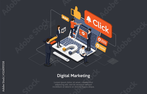 Digital Marketing, Searching Trends. Internet, Strategy And Development, Social Media, Business Goal. Marketers Analyze Data, Develop Product Promotion Strategy. Isometric Vector Illustration