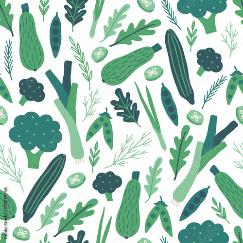 Seamless pattern with vegetables - squash, broccoli, dill, arugula, peas, onion