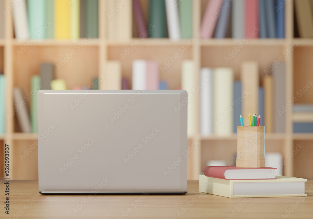 Laptop and books on wooden table, Back to school concept 3D rendering Laptop and books on wooden table, Back to school concept 3D rendering