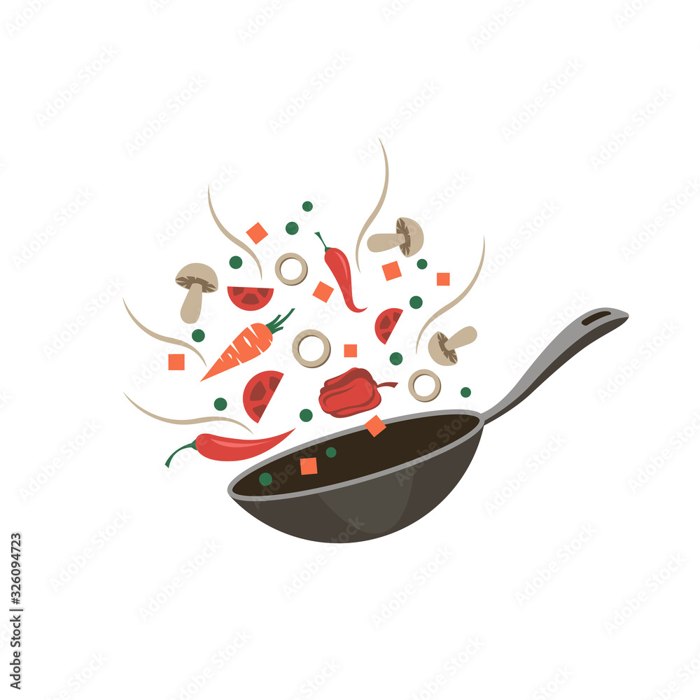 Fototapeta cooking process of vegetables on pan isolated on white background