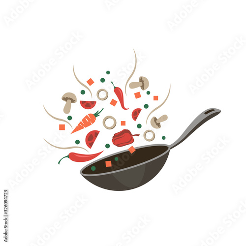 Fototapeta cooking process of vegetables on pan isolated on white background