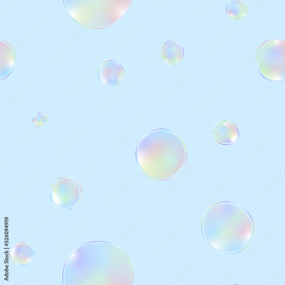 Rainbow shiny soap bubbles seamless template, sky blue background transparent light colors 