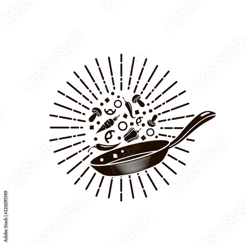 cooking process of vegetables on pan isolated with rays on white background