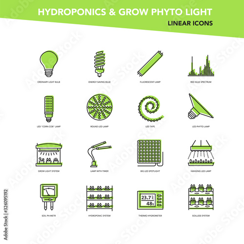 Vector green set of line icons - Hydroponics and grow led phyto light