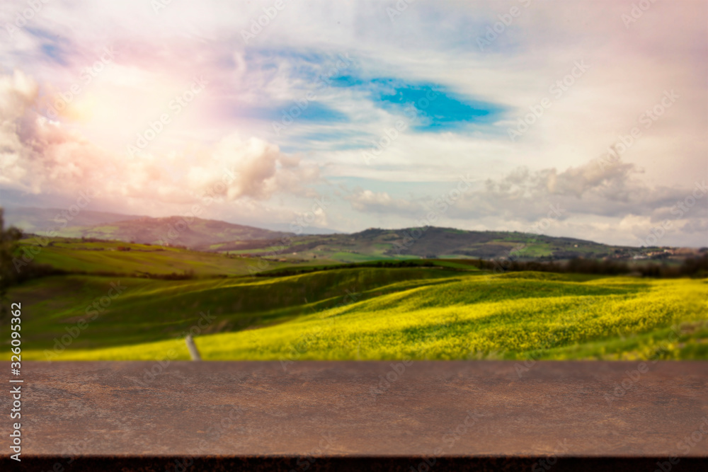 Fototapeta premium Table background of free space and spring landscape