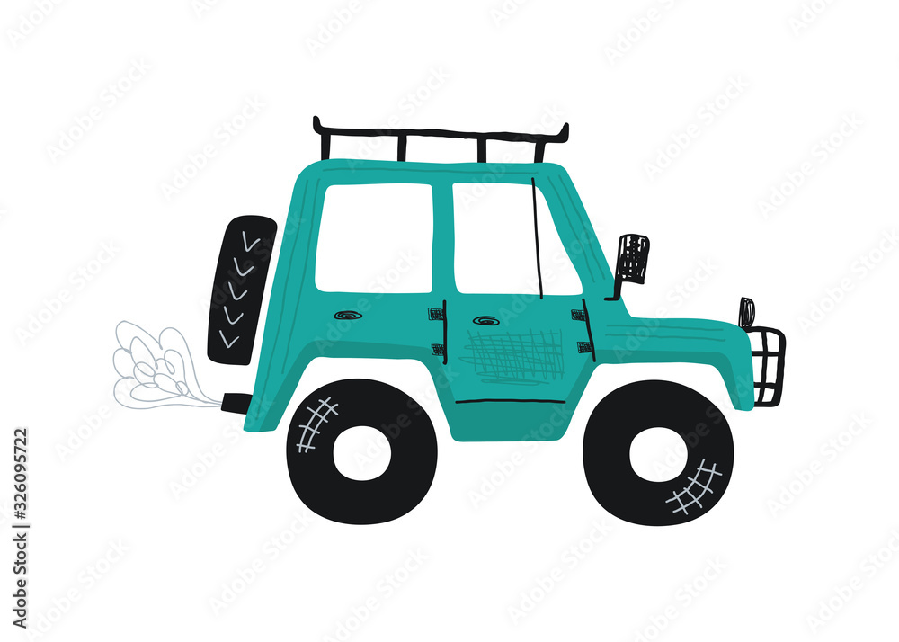 Cute green jeep isolated on a white background. Icon in hand drawn style for design of children's rooms, clothing, textiles. Vector illustration