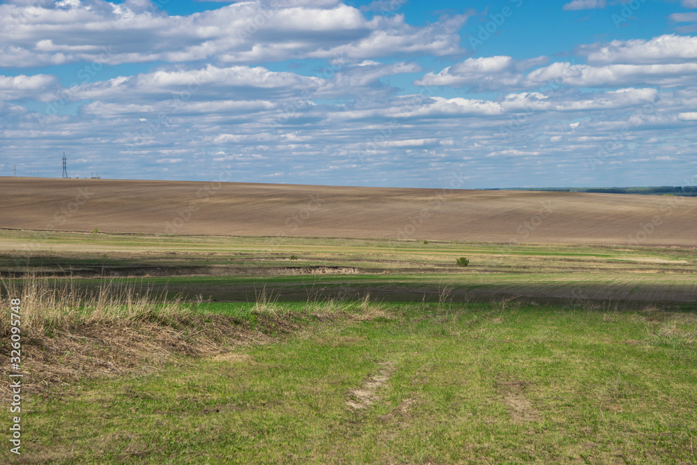 Obraz premium plowed field in spring and sky with clouds