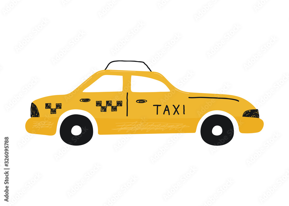 Cute yellow taxi car isolated on a white background. Icon in hand drawn style for design of children's rooms, clothing, textiles. Vector illustration