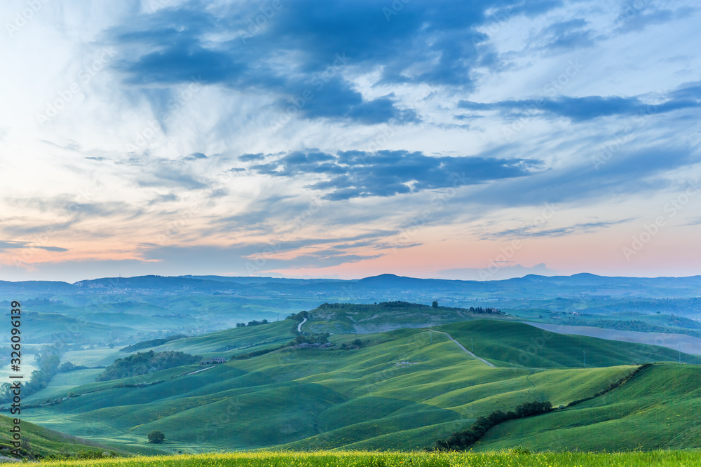 Landscape view in Tuscany with a sunrise