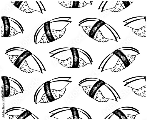 Sketch hand drawn pattern with black japanese sushi with rice ball, slice avocado, nori isolated on white background. Engraved wallpaper for menu, cafe, restaurant with asian food. Vector illustration