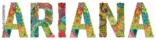 Female name Ariana. Vector decorative zentangle object photo