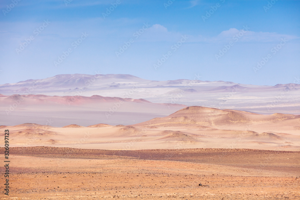 Desert view Paracas National Reserve, desert sand mountains, no people.