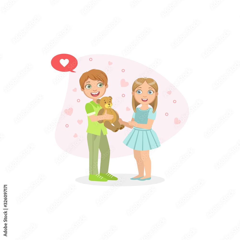 Cute Boy and Girl, Smiling Boy Holding Teddy Bear, Friendship and Love Between Kids, Happy Valentine Day Vector illustration Cute Boy and Girl, Smiling Boy Holding Teddy Bear, Friendship and Love Between Kids, Happy Valentine Day Vector illustration