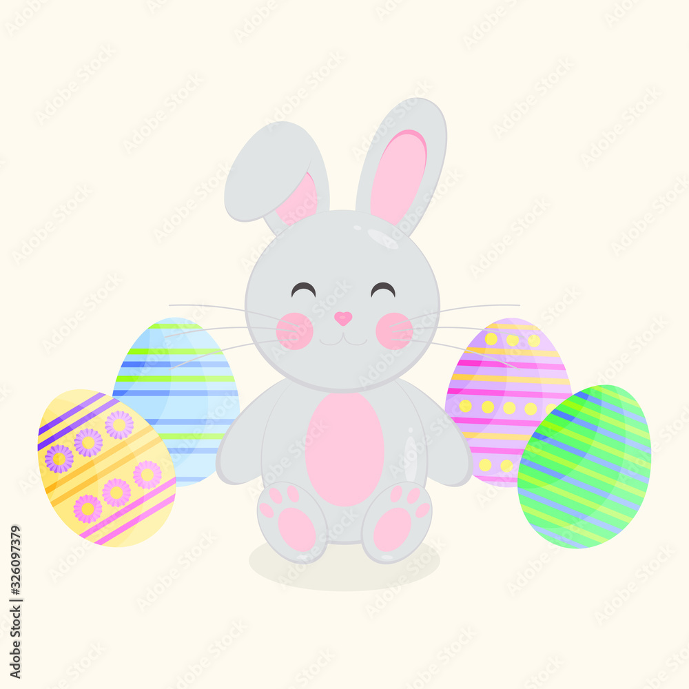This is vector flat happy Easter Day background. Cute card with rabbit and Easter eggs on yellow background. This is vector flat happy Easter Day background. Cute card with rabbit and Easter eggs on yellow background.