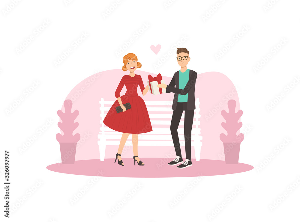 Young Man Giving Gift Box to Smiling Girl, Happy Loving Couple on Romantic Date Vector Illustration