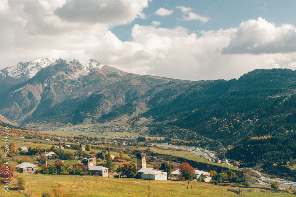 Fototapeta premium Beautiful nature scenic of small town in Svaneti region of Georgia.
