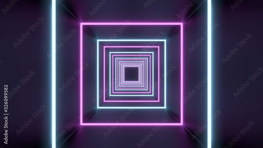 Square Tunnel Loop of abstract neon lights passing in front of the screen