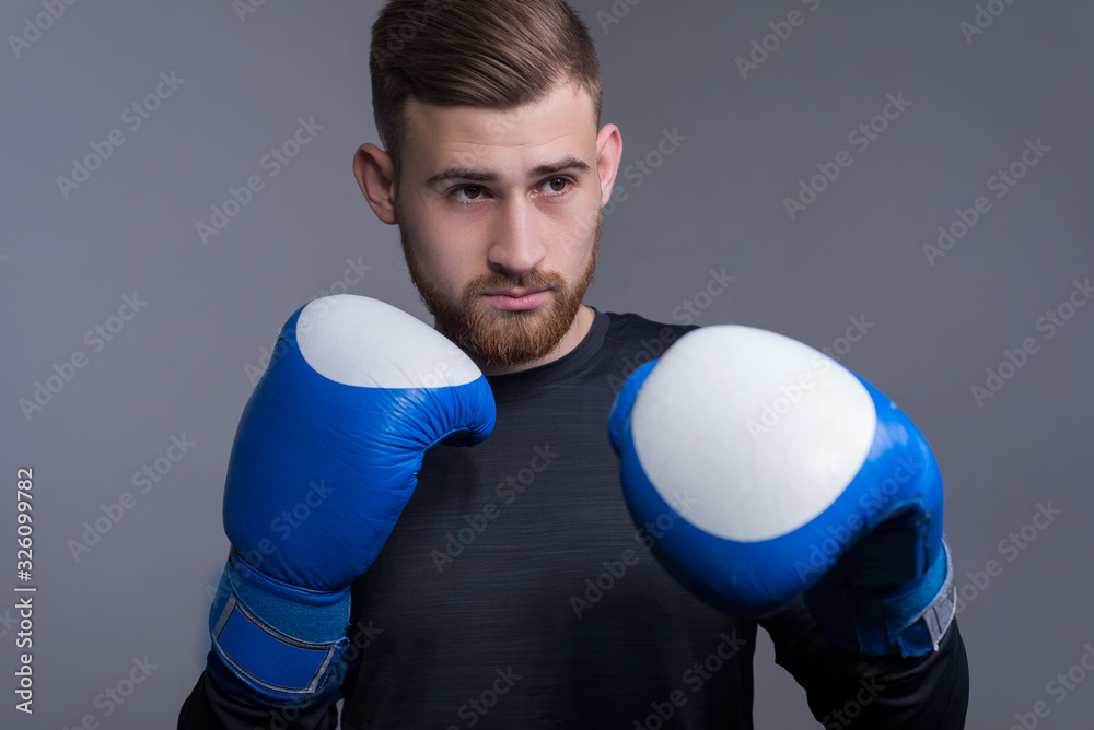 Portrait of handsome bearded brutal guy in sportswear standing in a combat pose, holding raised hands near his face, in boxing gloves. On a gray background. Sport lifestyle.