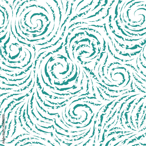 Seamless vector turquoise pattern of broken lines in the form of circles and spirals. Blue texture for finishing fabrics or wrapping paper on a white background.