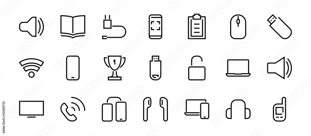 A set of smart devices and gadgets, computer hardware and electronics. Electronic devices icons for web and mobile vector lines. computer, telephone. Editable stroke. 48x48 pixels A set of smart devices and gadgets, computer hardware and electronics. Electronic devices icons for web and mobile vector lines. computer, telephone. Editable stroke. 48x48 pixels
